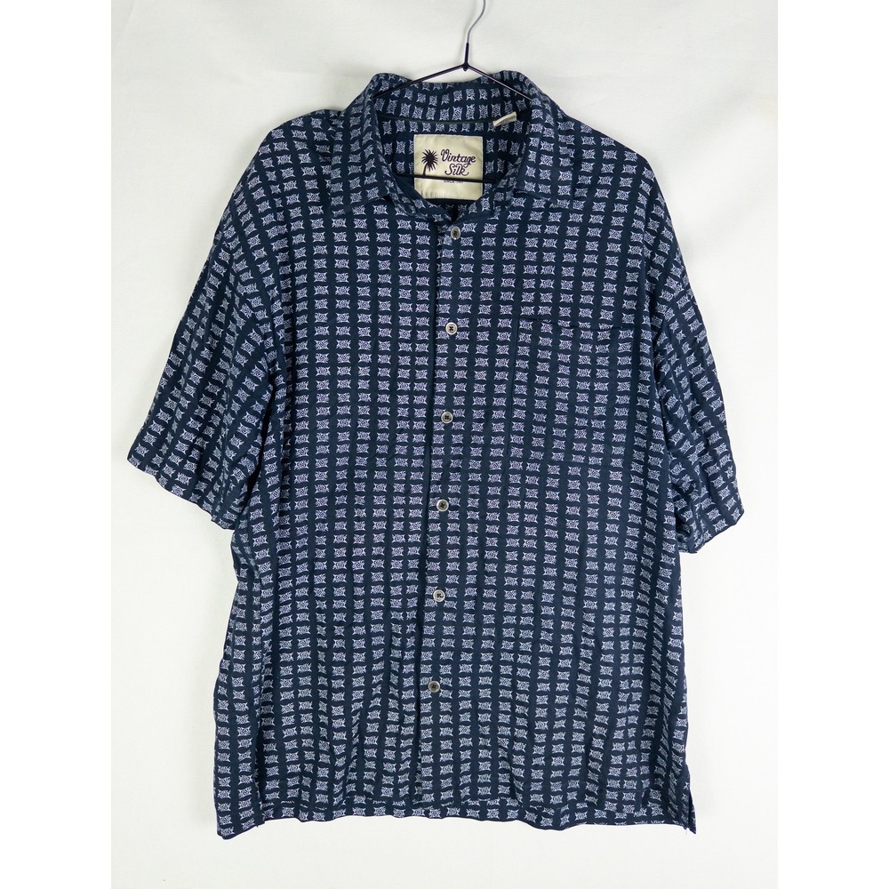Vintage Silk Circa 1969 Silk Camp Shirt Mens XL Navy Blue Geometric Print Resort